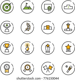 line vector icon set - target vector, attainment, certificate, pedestal, cup, golden branch, winner, win, award, gold medal, flags cross, baseball bat