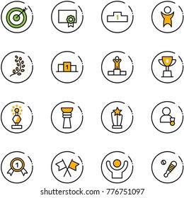 line vector icon set - target vector, certificate, pedestal, success, golden branch, winner, win cup, award, gold medal, flags cross, baseball bat