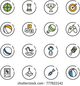 line vector icon set - target vector, chess tower, gold cup, ball, abc cube, beanbag, joystick, rocking horse, game console, wirligig toy, dart, basketball