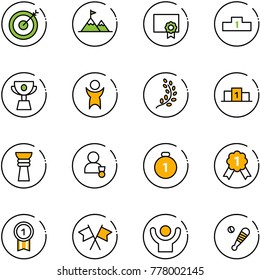 line vector icon set - target vector, attainment, certificate, pedestal, cup, success, golden branch, award, winner, gold medal, flags cross, baseball bat