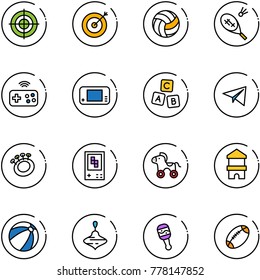 line vector icon set - target vector, volleyball, badminton, joystick wireless, game console, abc cube, paper plane, beanbag, wheel horse, toy block house, beach ball, wirligig, football