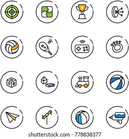 line vector icon set - target vector, puzzle, win cup, solution, volleyball, badminton, joystick wireless, beanbag, cube toy, constructor blocks, train, beach ball, paper plane, windmill, basketball