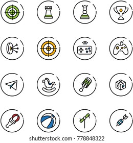 line vector icon set - target vector, chess tower, queen, gold cup, solution, joystick wireless, paper plane, rocking horse, beanbag, cube toy, beach ball, windmill, dart