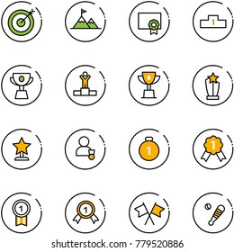 line vector icon set - target vector, attainment, certificate, pedestal, cup, winner, win, award, gold medal, flags cross, baseball bat