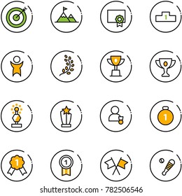 line vector icon set - target vector, attainment, certificate, pedestal, success, golden branch, win cup, gold, award, winner, medal, flags cross, baseball bat