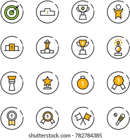 line vector icon set - target vector, pedestal, cup, success, winner, win, award, gold medal, flags cross, baseball bat