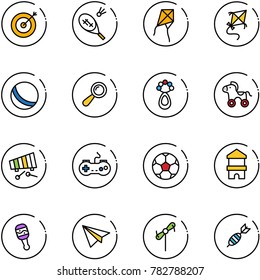 line vector icon set - target vector, badminton, kite, ball, beanbag, wheel horse, xylophone, gamepad, soccer, toy block house, paper plane, windmill, dart