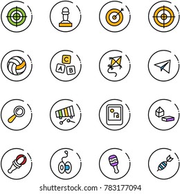 line vector icon set - target vector, pawn, volleyball, abc cube, kite, paper plane, beanbag, xylophone, game console, constructor blocks, yoyo, dart
