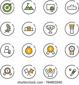 line vector icon set - target vector, attainment, certificate, pedestal, golden branch, gold cup, award, winner, medal, flags cross, success, baseball bat