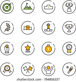 line vector icon set - target vector, attainment, pedestal, cup, golden branch, winner, gold, award, medal, flags cross, success, baseball bat