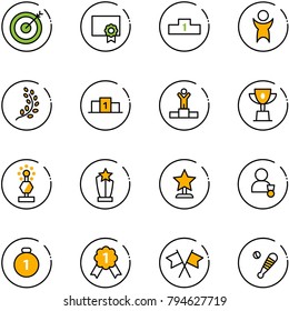 line vector icon set - target vector, certificate, pedestal, success, golden branch, winner, win cup, award, gold medal, flags cross, baseball bat