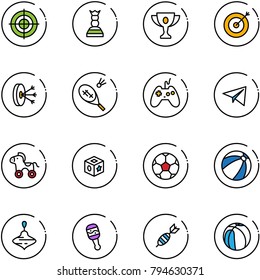 line vector icon set - target vector, chess queen, gold cup, solution, badminton, joystick, paper plane, wheel horse, cube toy, soccer ball, beach, wirligig, beanbag, dart, basketball