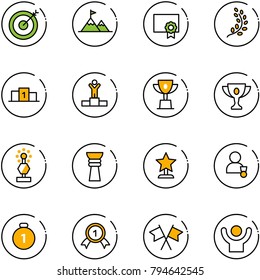 line vector icon set - target vector, attainment, certificate, golden branch, pedestal, winner, win cup, gold, award, medal, flags cross, success