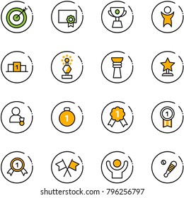 line vector icon set - target vector, certificate, cup, success, pedestal, award, winner, gold medal, flags cross, baseball bat