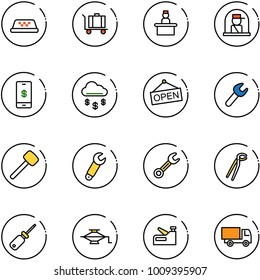 line vector icon set - taxi vector, baggage, recieptionist, officer window, mobile payment, money rain, open, wrench, rubber hammer, plumber, screwdriver, jack, stapler, truck toy