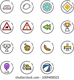 line vector icon set - taxi vector, lemon, slice, main road sign, tractor way, traffic light, fast backward, win cup, gold, moon flag, banana, milling cutter, balloon smile, excavator toy