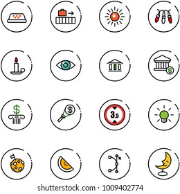 line vector icon set - taxi vector, baggage, sun, garland, candle, eye, bank, account, money torch, limited height road sign, bulb, moon flag, watermelone, bezier, lamp