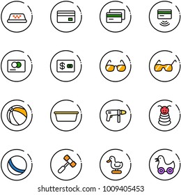 line vector icon set - taxi vector, credit card, tap pay, sunglasses, ball, basin, drill machine, pyramid toy, hammer, duck