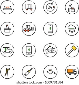 line vector icon set - taxi vector, baggage, 24 hours, baby room, recieptionist, fork loader, mobile payment, money rain, encashment car, open, rubber hammer, plumber, screwdriver, jack, truck toy