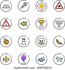 line vector icon set - taxi vector, money torch, main road sign, tractor way, traffic light, fast backward, win cup, gold, moon flag, king, smile, banana, milling cutter, balloon, horn toy, horse