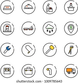 line vector icon set - taxi vector, client bell, baby room, recieptionist, officer window, baggage truck, money rain, dollar pin, wrench, fretsaw, rubber hammer, plumber, tool box, allen key, toy
