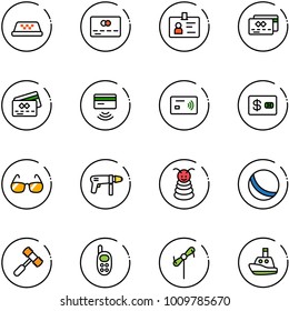 line vector icon set - taxi vector, credit card, identity, tap pay, sunglasses, drill machine, pyramid toy, ball, hammer, phone, windmill, boat