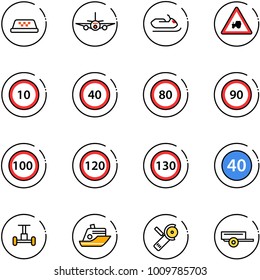 line vector icon set - taxi vector, plane, snowmobile, tractor way road sign, speed limit 10, 40, 80, 90, 100, 120, 130, minimal, gyroscope, cruiser, Angular grinder, trailer