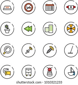 line vector icon set - taxi vector, no smoking sign, schedule, candy, flower pot, fast backward, building, parasol, magnifier, nail dowel, screw, rake, machine tool, cabinet, pyramid toy, sailboat