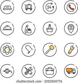 line vector icon set - taxi vector, baggage, 24 hours, phone, client bell, baby room, recieptionist, dollar pin, gear globe, fretsaw, rubber hammer, wrench, jack, screwdriver, tool box, truck toy