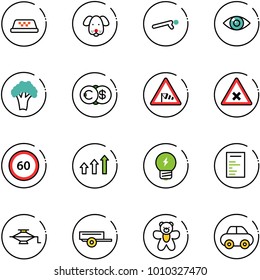 line vector icon set - taxi vector, dog, push ups, eye, broccoli, euro dollar, side wind road sign, railway intersection, speed limit 60, arrows up, idea, document, jack, trailer, bear toy, car