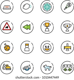 line vector icon set - taxi vector, lemon, slice, money torch, tractor way road sign, fast backward, win cup, gold, moon flag, king, smile, milling cutter, excavator toy, horn, horse, bus