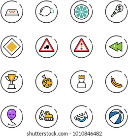 line vector icon set - taxi vector, lemon, slice, money torch, main road sign, tractor way, traffic light, fast backward, win cup, moon flag, king, banana, balloon smile, excavator toy, horn