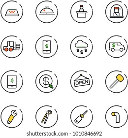 line vector icon set - taxi vector, client bell, recieptionist, officer window, fork loader, mobile payment, money rain, encashment car, click, open, rubber hammer, wrench, plumber, screwdriver