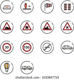 Line Vector Icon Set - Taxi Vector, Travolator, Side Wind, Plane Seats, Climb Road Sign, Tunnel, Steep Roadside, Railway Intersection, Speed Limit 30, 100, End Overtake, Limousine, Air Balloon