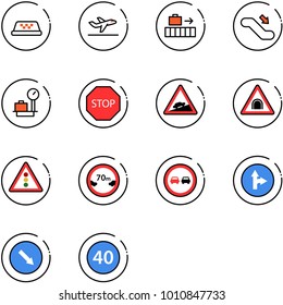 line vector icon set - taxi vector, departure, baggage, escalator down, scales, stop road sign, climb, tunnel, traffic light, limited distance, no overtake, only forward right, detour