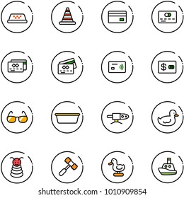 line vector icon set - taxi vector, road cone, credit card, tap pay, sunglasses, basin, pipe welding, duck toy, pyramid, hammer, boat