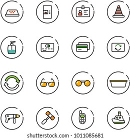 line vector icon set - taxi vector, coffee machine, identity, road cone, liquid soap, credit card, exchange, refresh, sunglasses, basin, drill, toy hammer, phone, boat