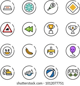 line vector icon set - taxi vector, lemon slice, money torch, main road sign, tractor way, fast backward, win cup, gold, smile, banana, milling cutter, balloon, excavator toy, horn, beach ball, bus