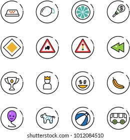 line vector icon set - taxi vector, lemon, slice, money torch, main road sign, tractor way, traffic light, fast backward, gold cup, king, smile, banana, balloon, toy horse, beach ball, bus