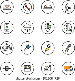 line vector icon set - taxi vector, phone, client bell, baby room, mobile payment, money rain, dollar pin, click, open, wrench, plumber, jack, tool box, stapler, truck toy