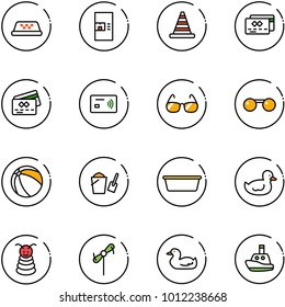 line vector icon set - taxi vector, coffee machine, road cone, credit card, tap pay, sunglasses, ball, bucket scoop, basin, duck toy, pyramid, windmill, boat