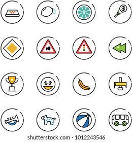 line vector icon set - taxi vector, lemon, slice, money torch, main road sign, tractor way, traffic light, fast backward, win cup, smile, banana, milling cutter, horn toy, horse, beach ball, bus