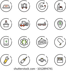 line vector icon set - taxi vector, baggage, 24 hours, baby room, recieptionist, fork loader, truck, dollar pin, mobile payment, gear globe, open, fretsaw, wrench, screwdriver, jack, tool box