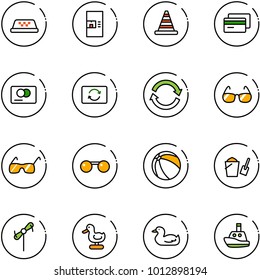 line vector icon set - taxi vector, coffee machine, road cone, credit card, exchange, refresh, sunglasses, ball, bucket scoop, toy windmill, duck, boat