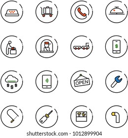 line vector icon set - taxi vector, baggage, phone, client bell, baby room, officer window, truck, mobile payment, money rain, open, wrench, fretsaw, screwdriver, tool box, allen key