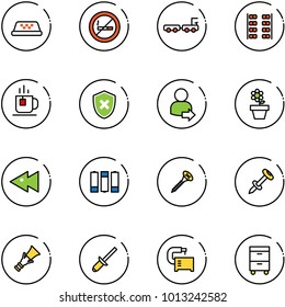 line vector icon set - taxi vector, no smoking sign, baggage truck, plane seats, tea, shield cross, user login, flower pot, fast backward, battery, screw, nail dowel, clinch, machine tool, cabinet