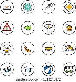line vector icon set - taxi vector, lemon slice, money torch, main road sign, traffic light, fast backward, gold cup, moon flag, smile, banana, milling cutter, excavator toy, horn, horse, beach ball