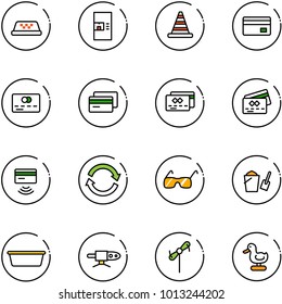 line vector icon set - taxi vector, coffee machine, road cone, credit card, tap pay, refresh, sunglasses, bucket scoop, basin, pipe welding, toy windmill, duck