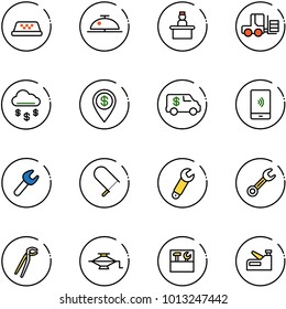 line vector icon set - taxi vector, client bell, recieptionist, fork loader, money rain, dollar pin, encashment car, mobile payment, wrench, fretsaw, plumber, jack, tool box, stapler