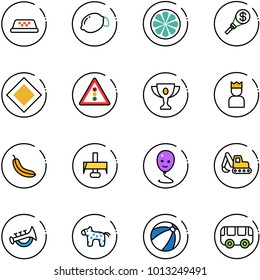 line vector icon set - taxi vector, lemon, slice, money torch, main road sign, traffic light, gold cup, king, banana, milling cutter, balloon smile, excavator toy, horn, horse, beach ball, bus